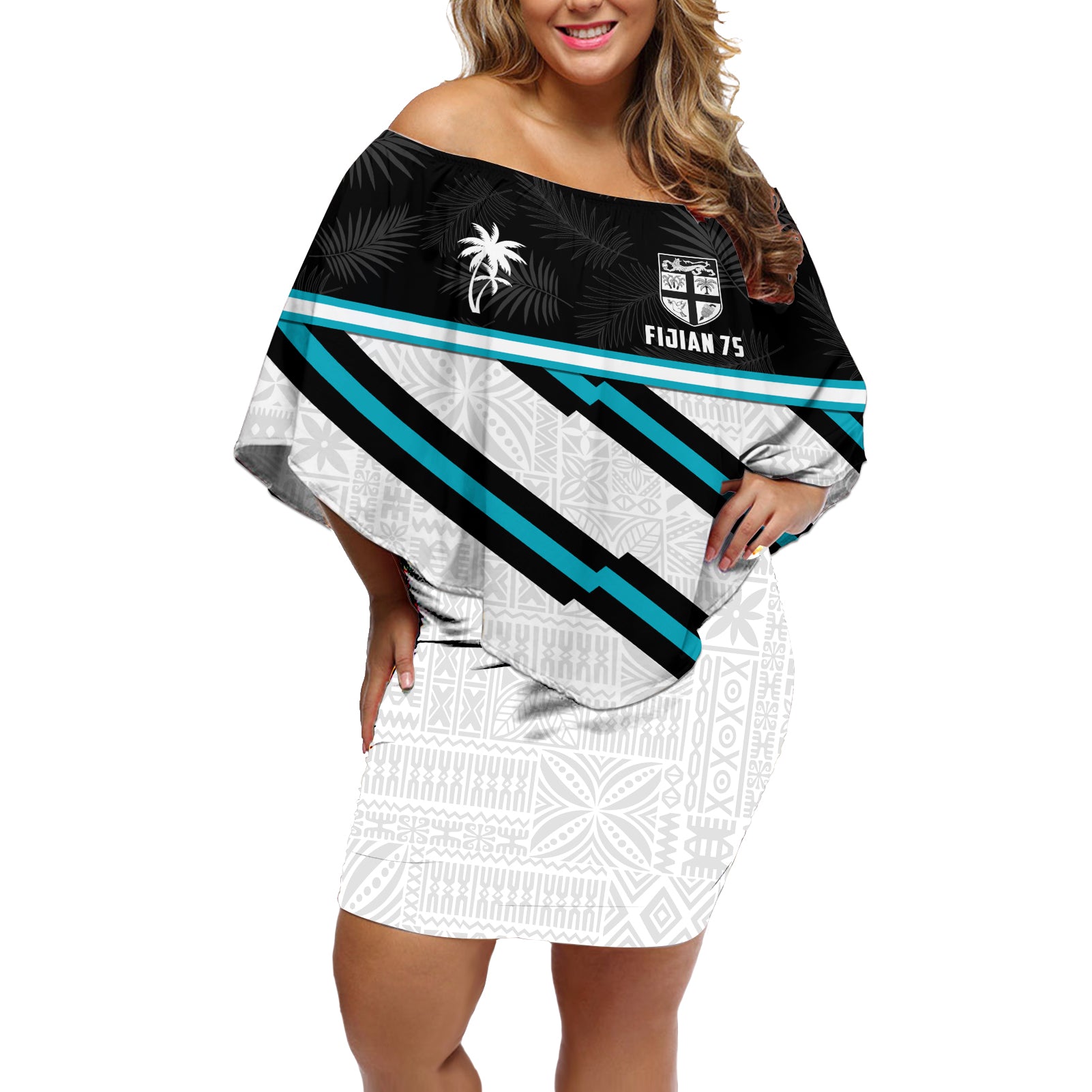 Custom Fiji Rugby Off Shoulder Short Dress Fijian 7s With Tapa Pattern LT05 Women White - Polynesian Pride