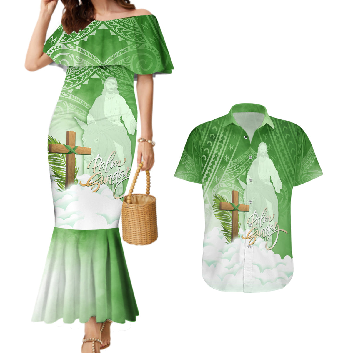 Happy Palm Sunday Couples Matching Mermaid Dress and Hawaiian Shirt With Polynesian Pattern LT05 Green - Polynesian Pride