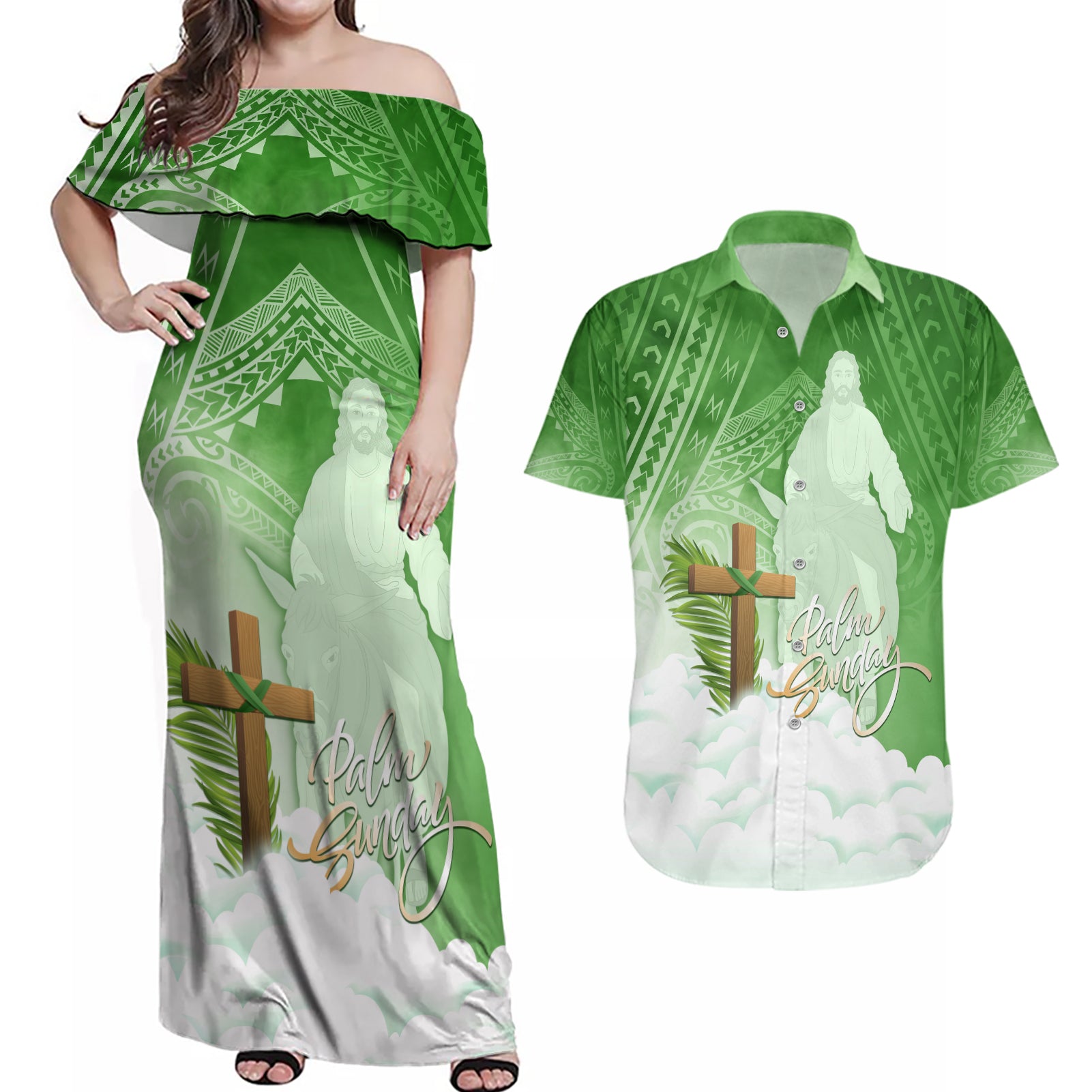 Happy Palm Sunday Couples Matching Off Shoulder Maxi Dress and Hawaiian Shirt With Polynesian Pattern LT05 Green - Polynesian Pride