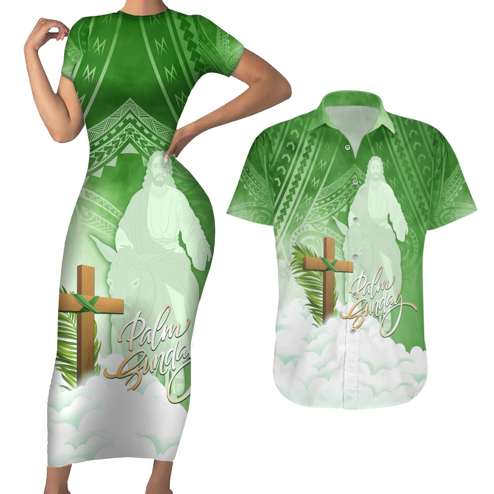 Happy Palm Sunday Couples Matching Short Sleeve Bodycon Dress and Hawaiian Shirt With Polynesian Pattern LT05 Green - Polynesian Pride