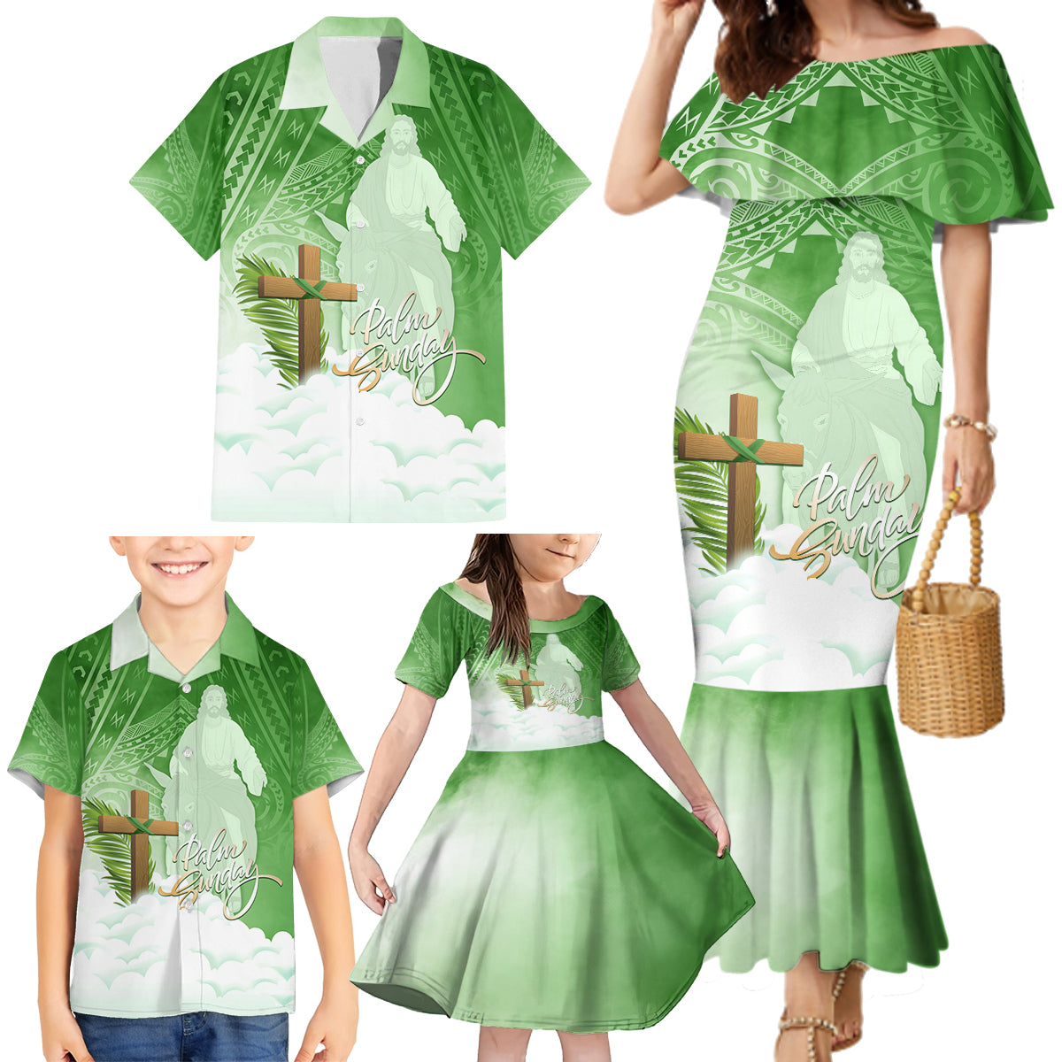 Happy Palm Sunday Family Matching Mermaid Dress and Hawaiian Shirt With Polynesian Pattern LT05 - Polynesian Pride