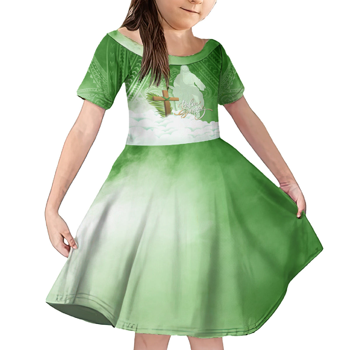 Happy Palm Sunday Family Matching Off Shoulder Long Sleeve Dress and Hawaiian Shirt With Polynesian Pattern LT05 Daughter's Dress Green - Polynesian Pride