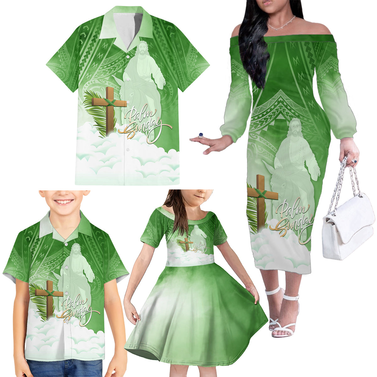 Happy Palm Sunday Family Matching Off Shoulder Long Sleeve Dress and Hawaiian Shirt With Polynesian Pattern LT05 - Polynesian Pride