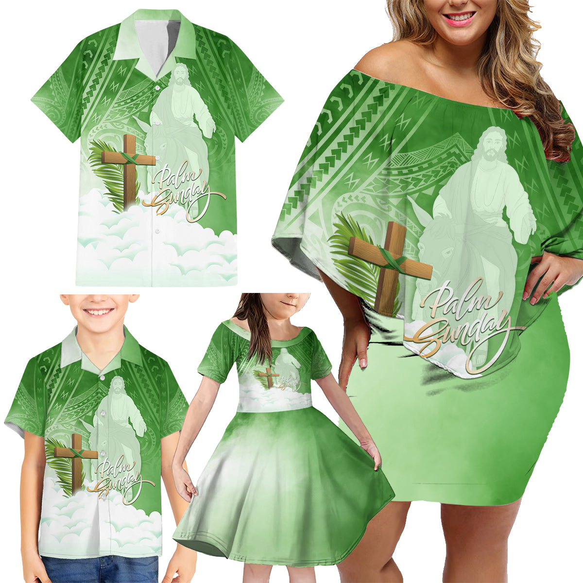 Happy Palm Sunday Family Matching Off Shoulder Short Dress and Hawaiian Shirt With Polynesian Pattern LT05 - Polynesian Pride