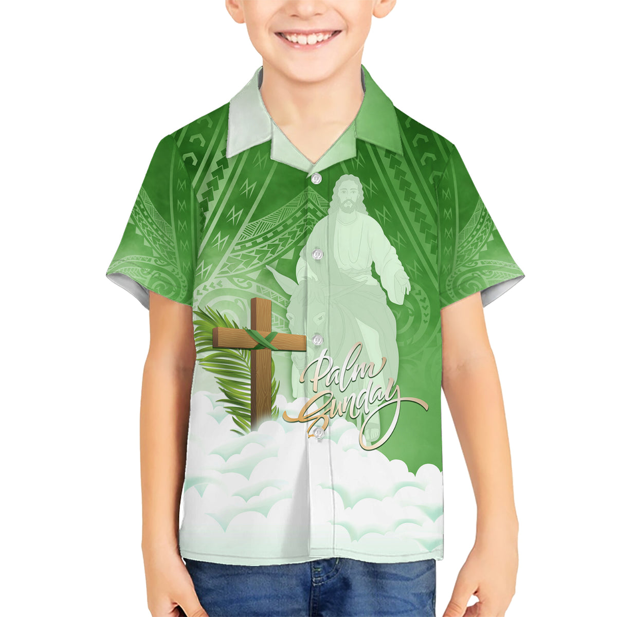 Happy Palm Sunday Kid Hawaiian Shirt With Polynesian Pattern LT05 Kid Green - Polynesian Pride
