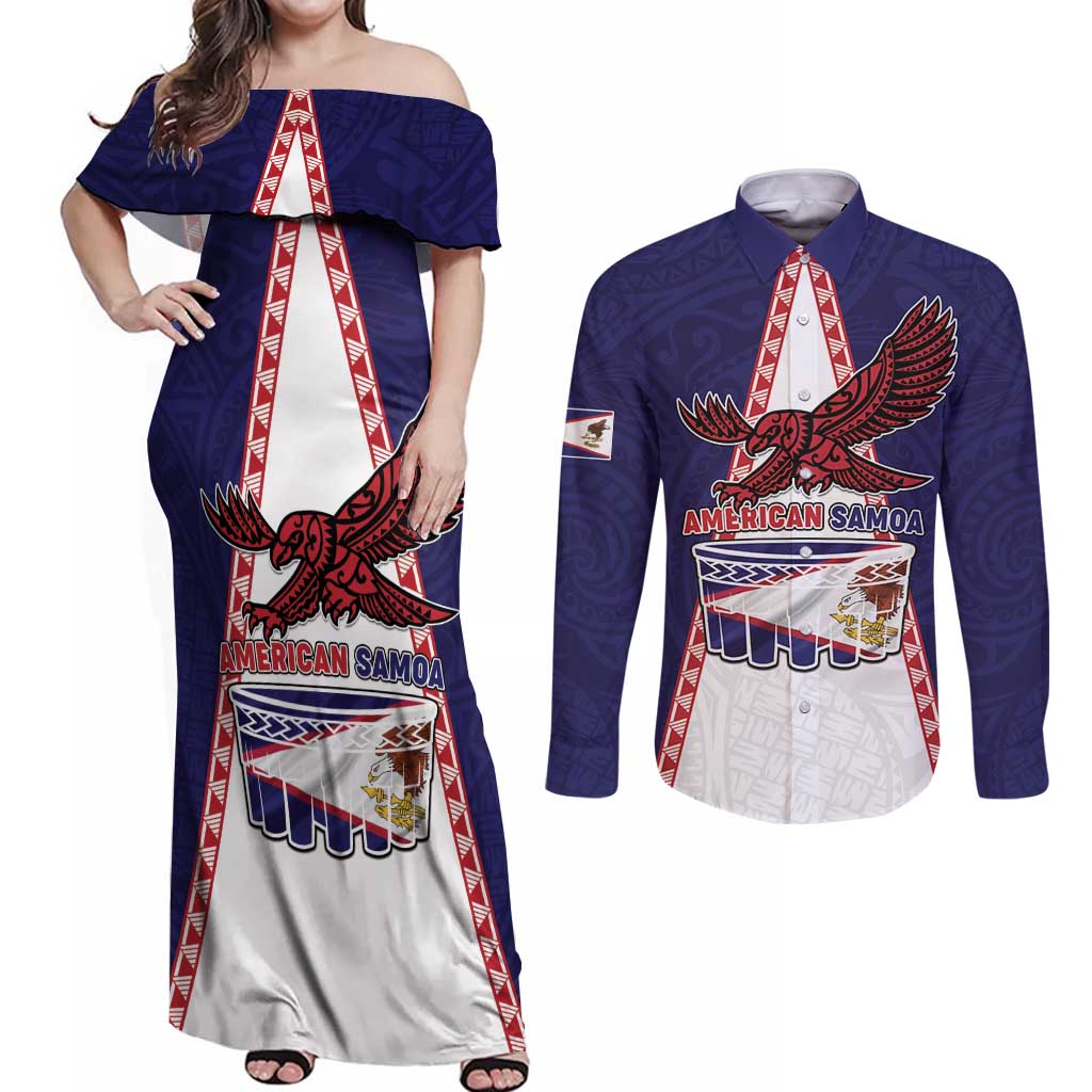 Personalised American Samoa Flag Day Couples Matching Off Shoulder Maxi Dress and Long Sleeve Button Shirt Flag Style
