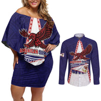 Personalised American Samoa Flag Day Couples Matching Off Shoulder Short Dress and Long Sleeve Button Shirt Flag Style