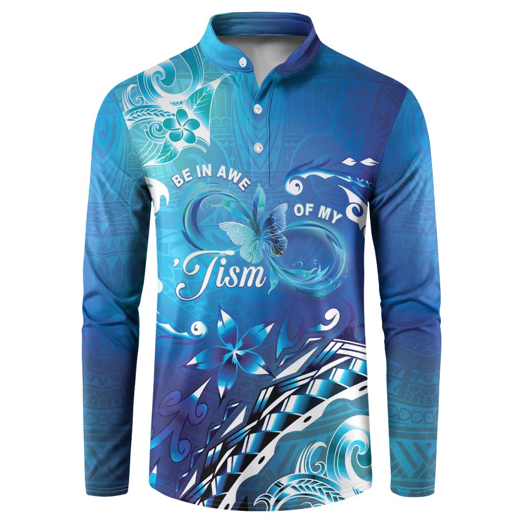 Polynesia Autism Awareness Button Sweatshirt Be In Awe Of My 'Tism LT05 Blue - Polynesian Pride