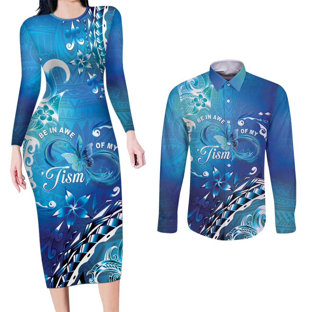 Polynesia Autism Awareness Couples Matching Long Sleeve Bodycon Dress and Long Sleeve Button Shirt Be In Awe Of My 'Tism LT05 Blue - Polynesian Pride