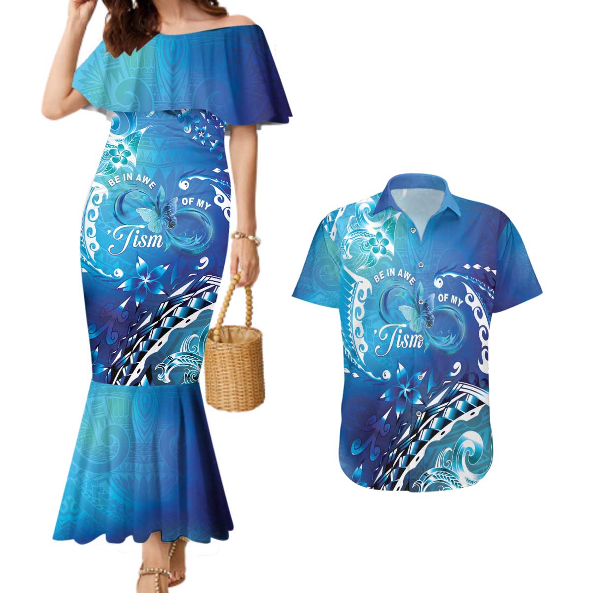 Polynesia Autism Awareness Couples Matching Mermaid Dress and Hawaiian Shirt Be In Awe Of My 'Tism LT05 Blue - Polynesian Pride