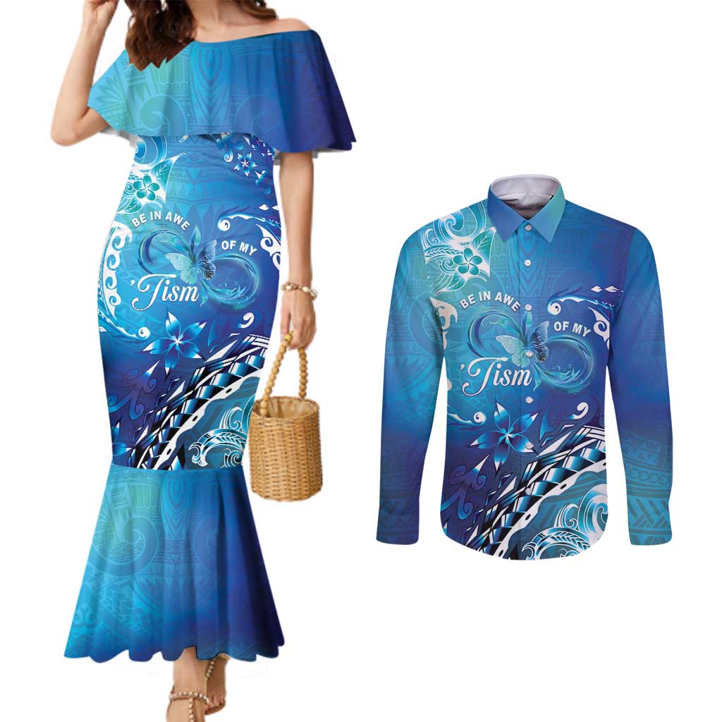 Polynesia Autism Awareness Couples Matching Mermaid Dress and Long Sleeve Button Shirt Be In Awe Of My 'Tism LT05 Blue - Polynesian Pride