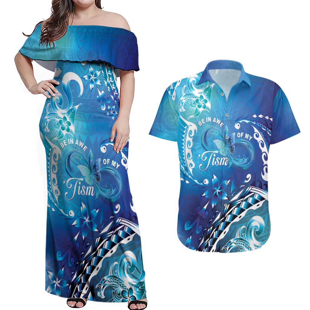 Polynesia Autism Awareness Couples Matching Off Shoulder Maxi Dress and Hawaiian Shirt Be In Awe Of My 'Tism LT05 Blue - Polynesian Pride