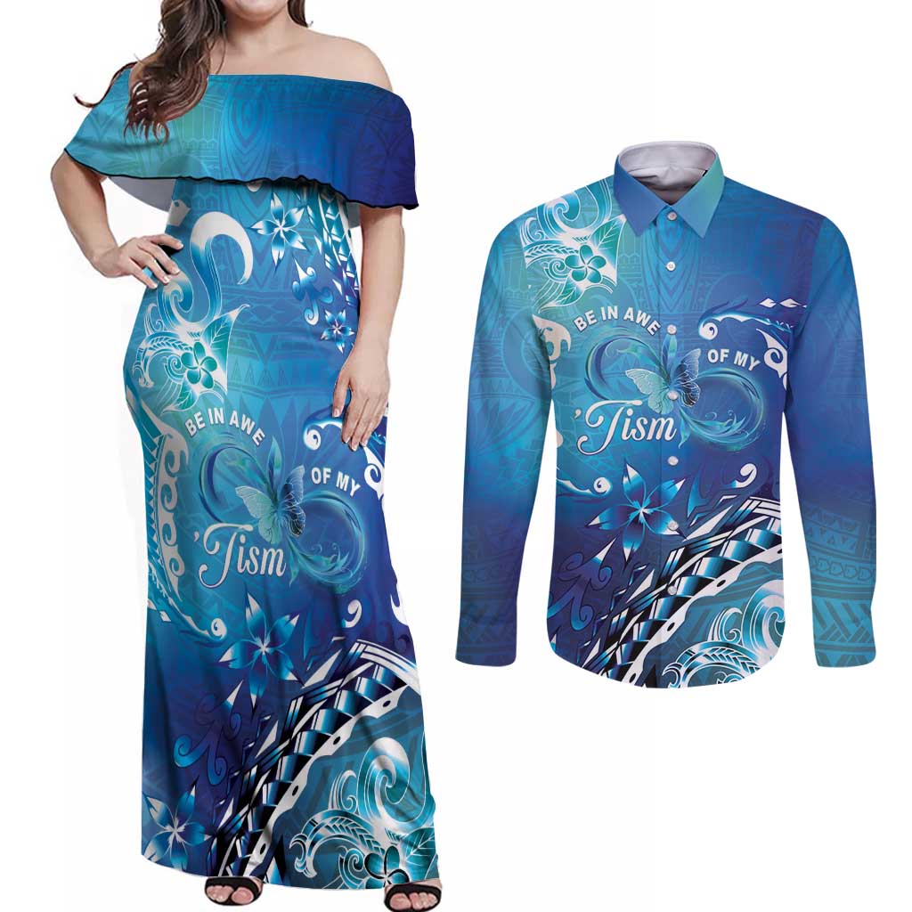 Polynesia Autism Awareness Couples Matching Off Shoulder Maxi Dress and Long Sleeve Button Shirt Be In Awe Of My 'Tism LT05 Blue - Polynesian Pride