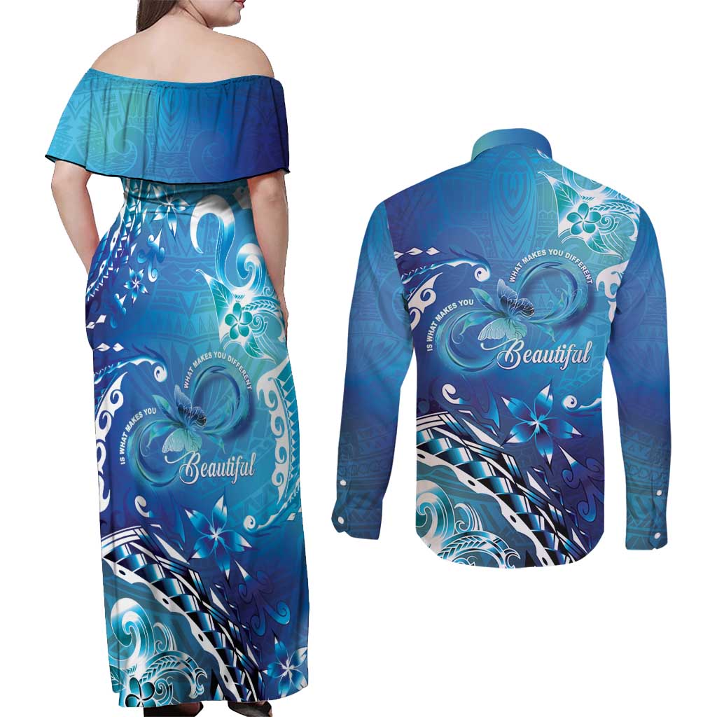 Polynesia Autism Awareness Couples Matching Off Shoulder Maxi Dress and Long Sleeve Button Shirt Be In Awe Of My 'Tism LT05 - Polynesian Pride