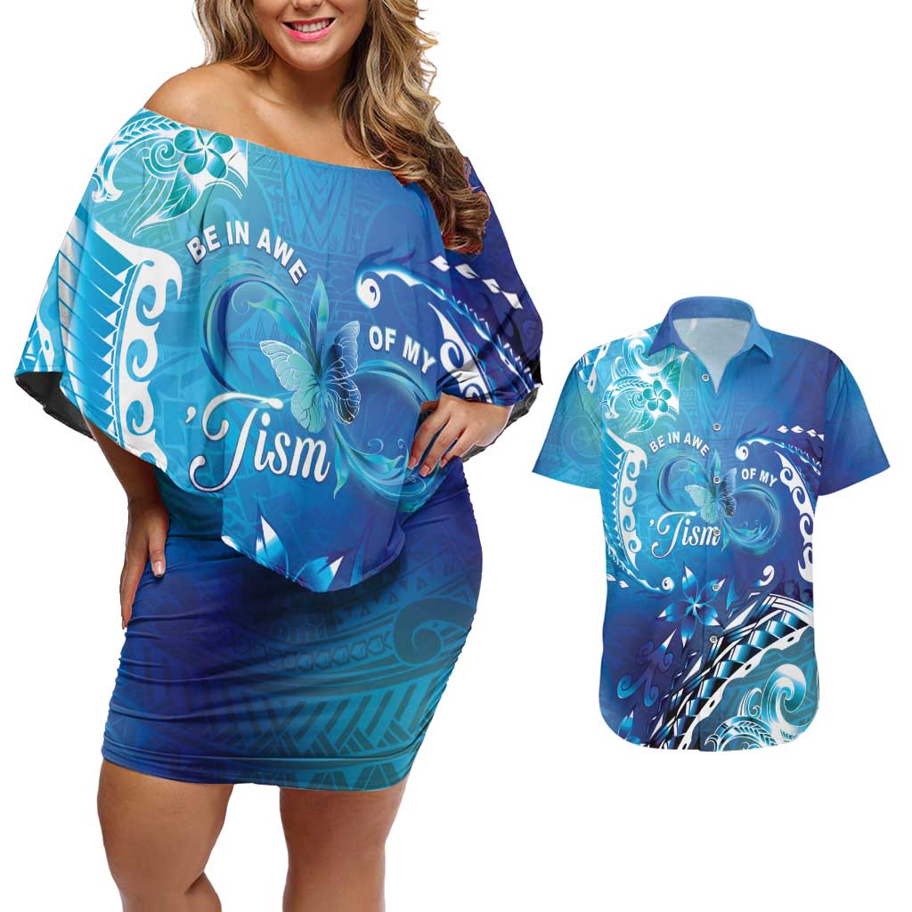 Polynesia Autism Awareness Couples Matching Off Shoulder Short Dress and Hawaiian Shirt Be In Awe Of My 'Tism LT05 Blue - Polynesian Pride