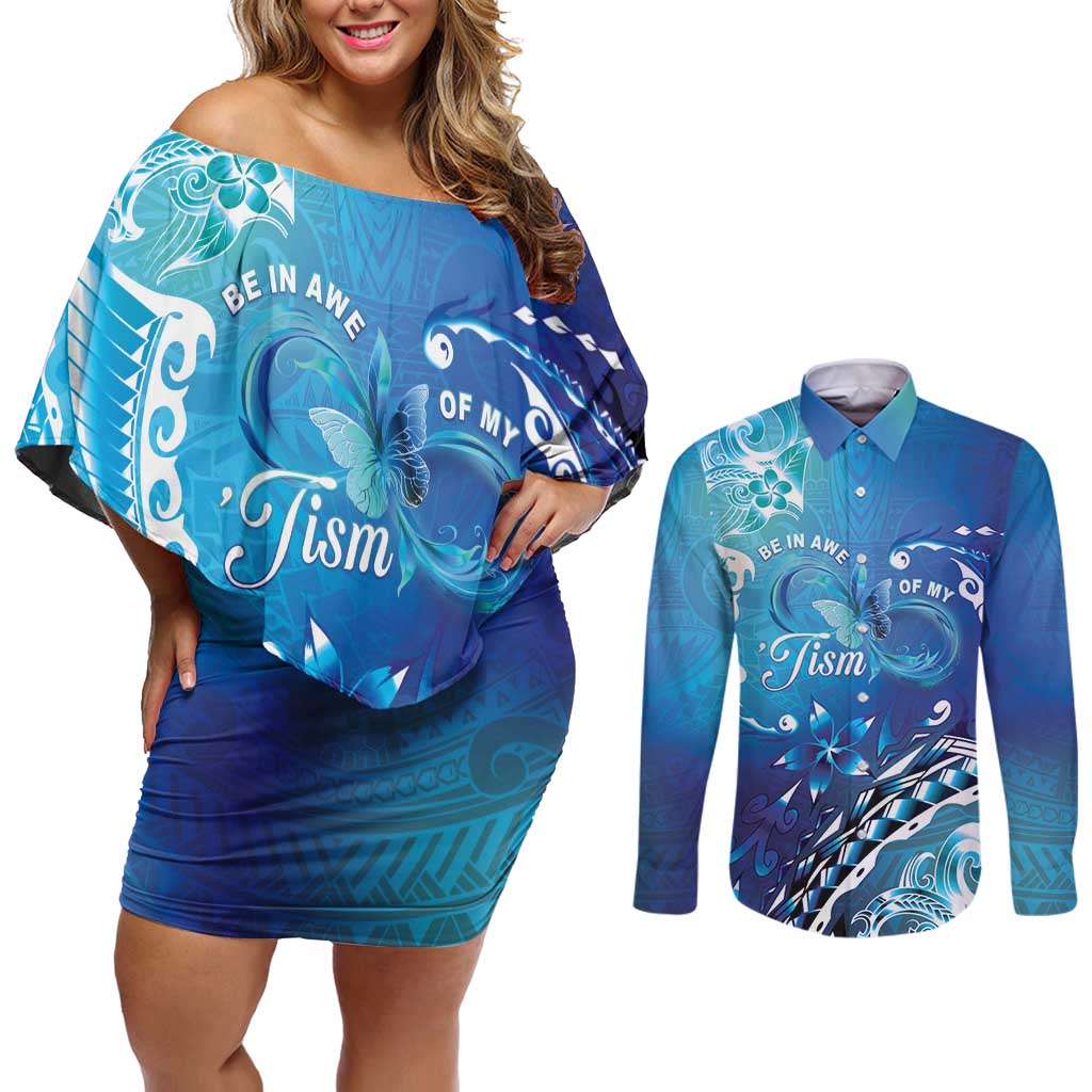 Polynesia Autism Awareness Couples Matching Off Shoulder Short Dress and Long Sleeve Button Shirt Be In Awe Of My 'Tism LT05 Blue - Polynesian Pride