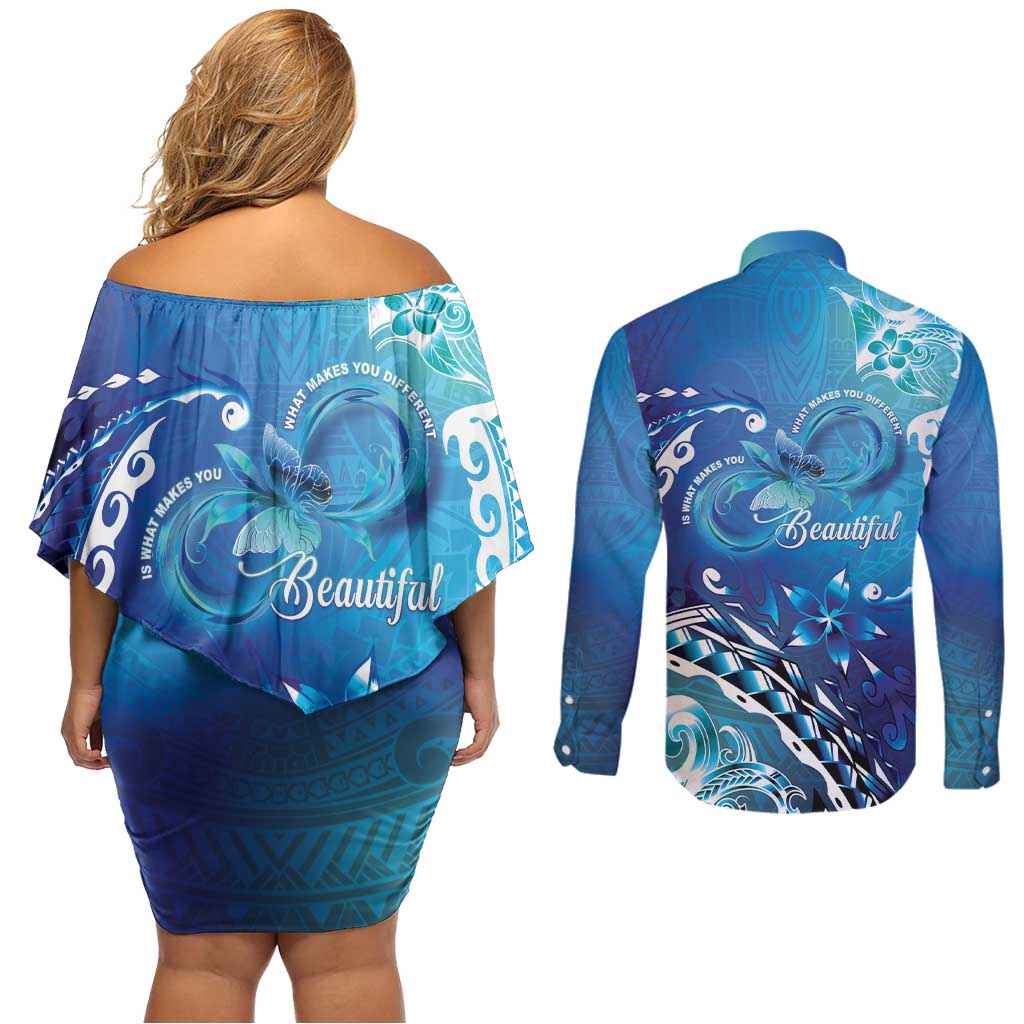 Polynesia Autism Awareness Couples Matching Off Shoulder Short Dress and Long Sleeve Button Shirt Be In Awe Of My 'Tism LT05 - Polynesian Pride