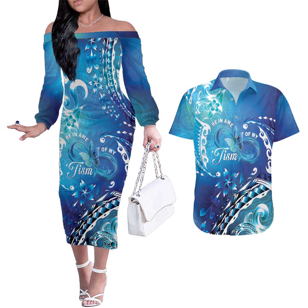 Polynesia Autism Awareness Couples Matching Off The Shoulder Long Sleeve Dress and Hawaiian Shirt Be In Awe Of My 'Tism LT05 Blue - Polynesian Pride