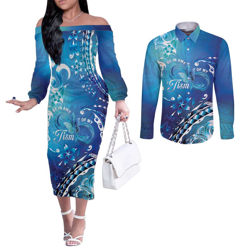 Polynesia Autism Awareness Couples Matching Off The Shoulder Long Sleeve Dress and Long Sleeve Button Shirt Be In Awe Of My 'Tism LT05 Blue - Polynesian Pride