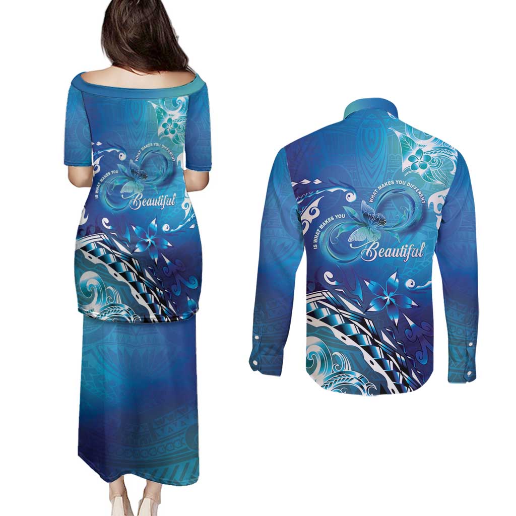 Polynesia Autism Awareness Couples Matching Puletasi and Long Sleeve Button Shirt Be In Awe Of My 'Tism LT05 - Polynesian Pride