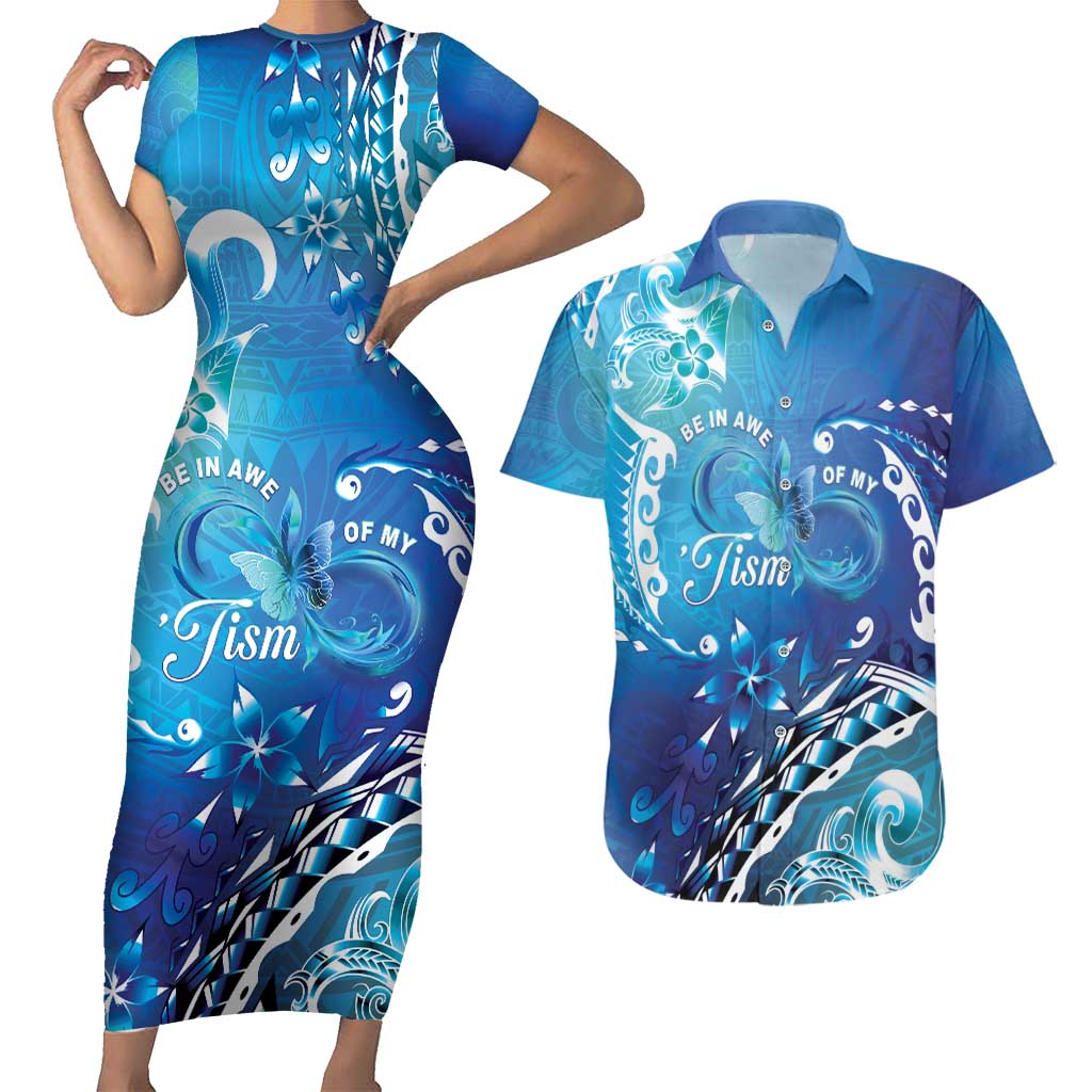 Polynesia Autism Awareness Couples Matching Short Sleeve Bodycon Dress and Hawaiian Shirt Be In Awe Of My 'Tism LT05 Blue - Polynesian Pride