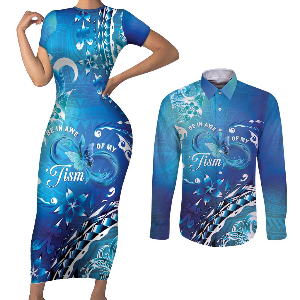 Polynesia Autism Awareness Couples Matching Short Sleeve Bodycon Dress and Long Sleeve Button Shirt Be In Awe Of My 'Tism LT05 Blue - Polynesian Pride
