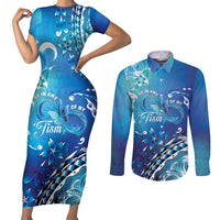 Polynesia Autism Awareness Couples Matching Short Sleeve Bodycon Dress and Long Sleeve Button Shirt Be In Awe Of My 'Tism LT05 Blue - Polynesian Pride