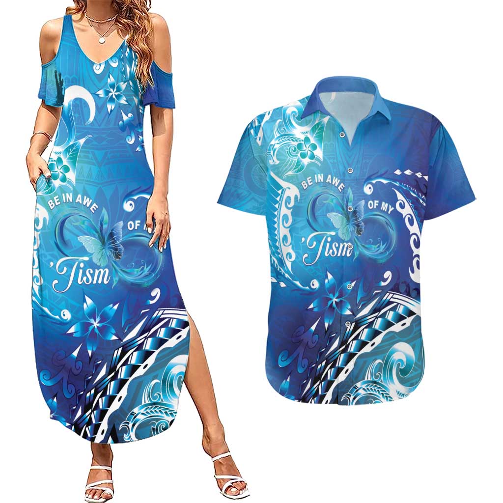 Polynesia Autism Awareness Couples Matching Summer Maxi Dress and Hawaiian Shirt Be In Awe Of My 'Tism LT05 Blue - Polynesian Pride