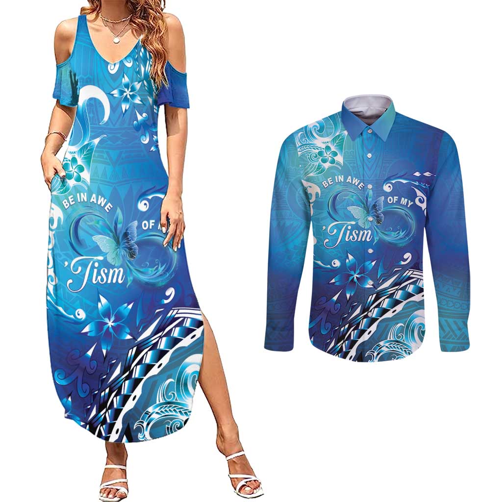 Polynesia Autism Awareness Couples Matching Summer Maxi Dress and Long Sleeve Button Shirt Be In Awe Of My 'Tism LT05 Blue - Polynesian Pride