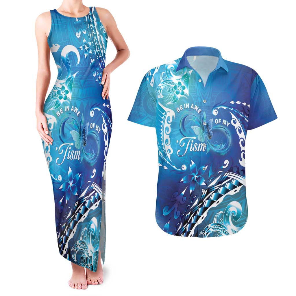 Polynesia Autism Awareness Couples Matching Tank Maxi Dress and Hawaiian Shirt Be In Awe Of My 'Tism LT05 Blue - Polynesian Pride