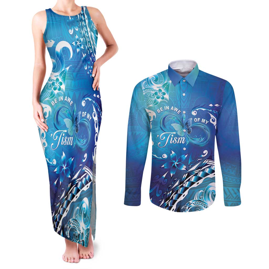 Polynesia Autism Awareness Couples Matching Tank Maxi Dress and Long Sleeve Button Shirt Be In Awe Of My 'Tism LT05 Blue - Polynesian Pride