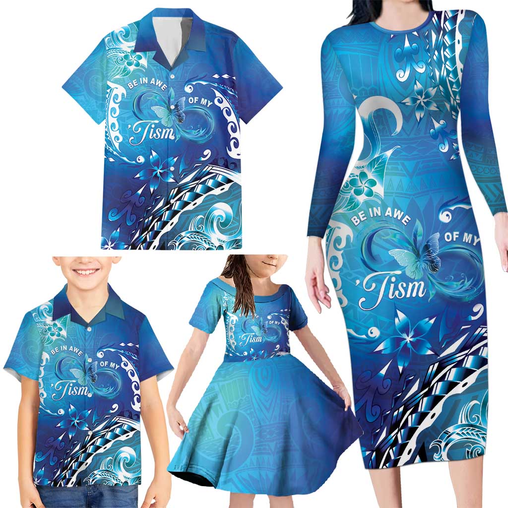 Polynesia Autism Awareness Family Matching Long Sleeve Bodycon Dress and Hawaiian Shirt Be In Awe Of My 'Tism