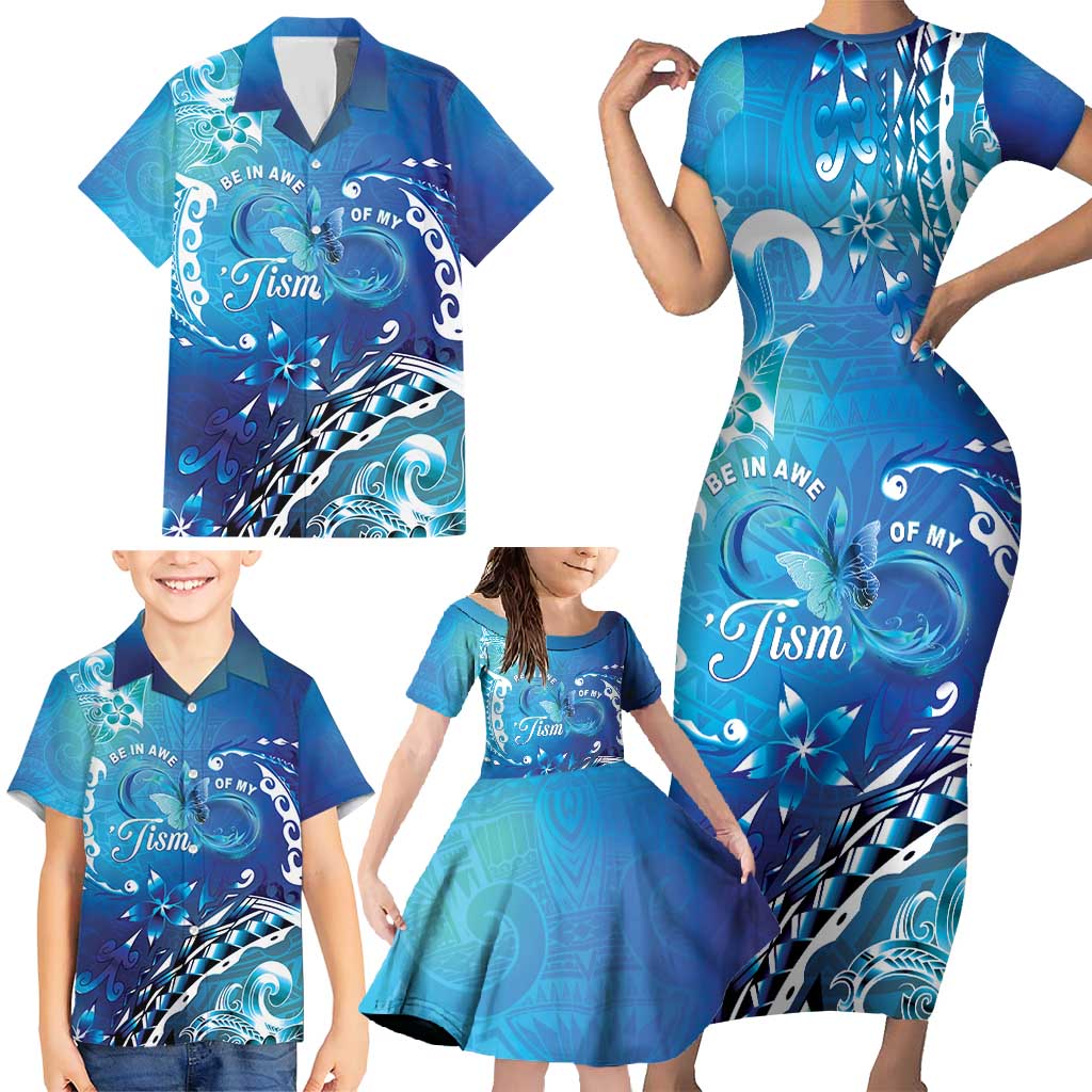 Polynesia Autism Awareness Family Matching Short Sleeve Bodycon Dress and Hawaiian Shirt Be In Awe Of My 'Tism