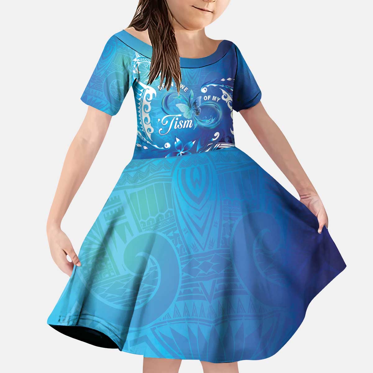 Polynesia Autism Awareness Kid Short Sleeve Dress Be In Awe Of My 'Tism LT05 KID Blue - Polynesian Pride