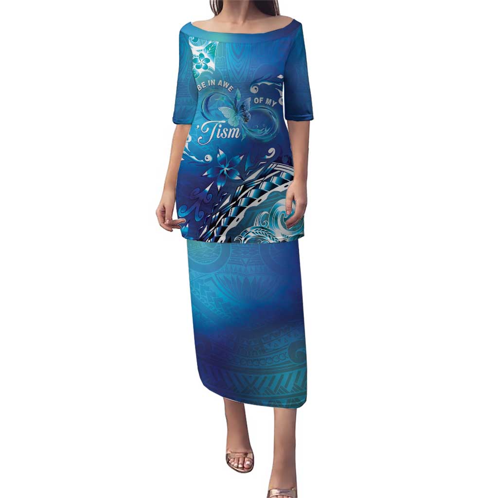 Polynesia Autism Awareness Puletasi Be In Awe Of My 'Tism LT05 Long Dress Blue - Polynesian Pride