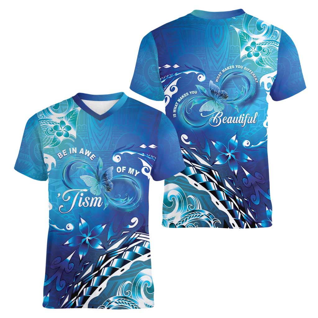 Polynesia Autism Awareness Women V-Neck T-Shirt Be In Awe Of My 'Tism