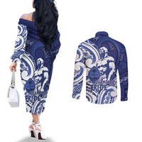 Guam Chief Kepuha Couples Matching Off The Shoulder Long Sleeve Dress and Long Sleeve Button Shirt Chamorro Pride
