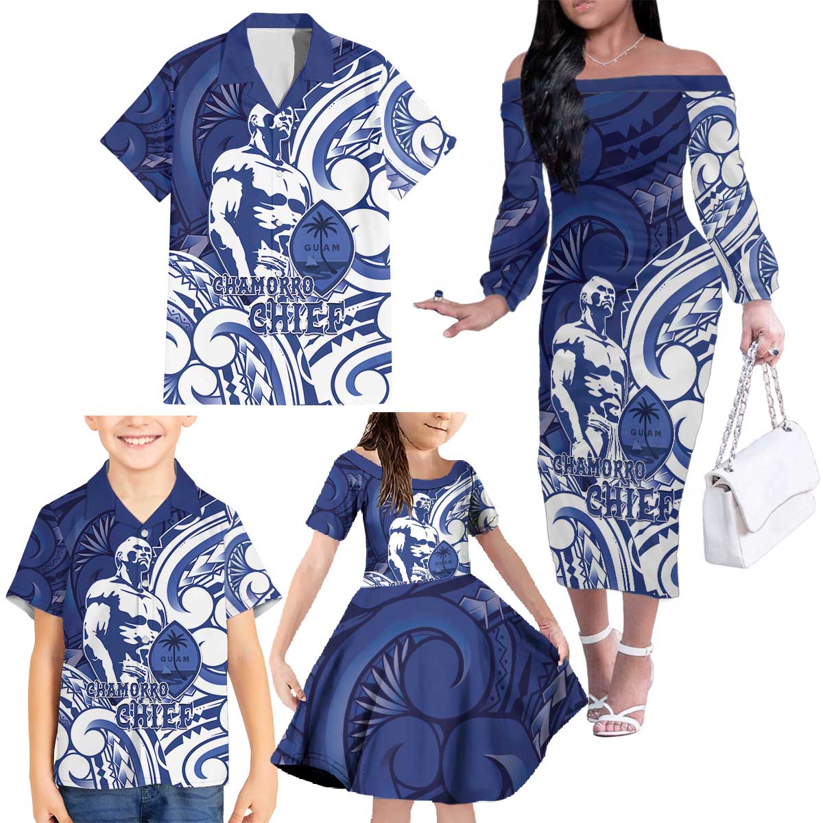 Guam Chief Kepuha Family Matching Off The Shoulder Long Sleeve Dress and Hawaiian Shirt Chamorro Pride