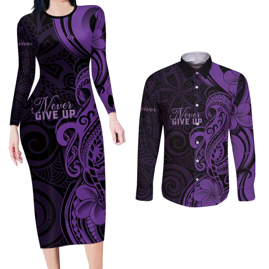 Personalised Lupus Warrior Couples Matching Long Sleeve Bodycon Dress and Long Sleeve Button Shirt Never Give Up Polynesian Style LT05 Purple - Polynesian Pride