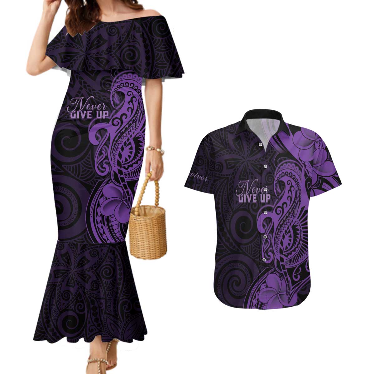 Personalised Lupus Warrior Couples Matching Mermaid Dress and Hawaiian Shirt Never Give Up Polynesian Style LT05 Purple - Polynesian Pride