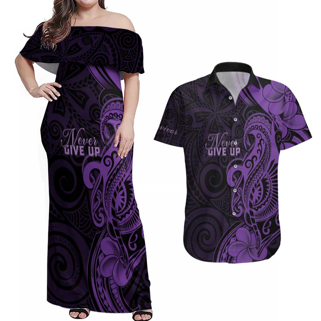 Personalised Lupus Warrior Couples Matching Off Shoulder Maxi Dress and Hawaiian Shirt Never Give Up Polynesian Style LT05 Purple - Polynesian Pride