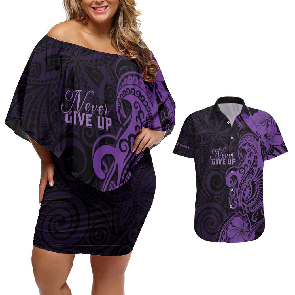 Personalised Lupus Warrior Couples Matching Off Shoulder Short Dress and Hawaiian Shirt Never Give Up Polynesian Style LT05 Purple - Polynesian Pride