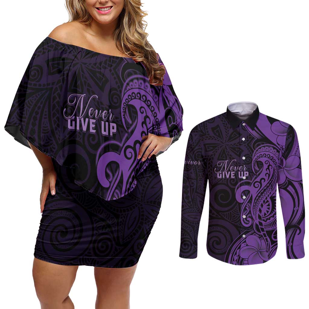 Personalised Lupus Warrior Couples Matching Off Shoulder Short Dress and Long Sleeve Button Shirt Never Give Up Polynesian Style LT05 Purple - Polynesian Pride