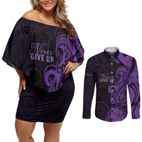 Personalised Lupus Warrior Couples Matching Off Shoulder Short Dress and Long Sleeve Button Shirt Never Give Up Polynesian Style LT05 Purple - Polynesian Pride