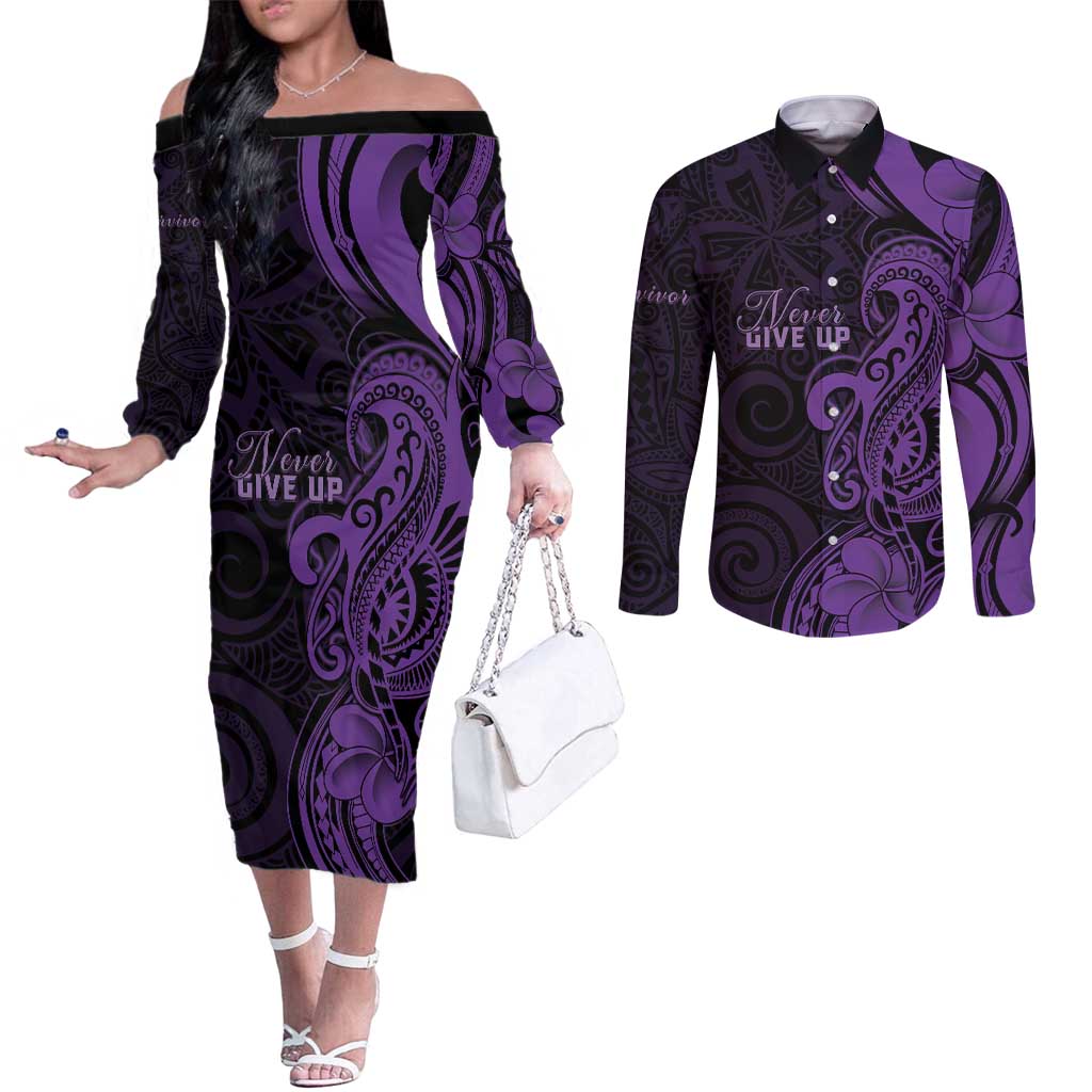 Personalised Lupus Warrior Couples Matching Off The Shoulder Long Sleeve Dress and Long Sleeve Button Shirt Never Give Up Polynesian Style LT05 Purple - Polynesian Pride