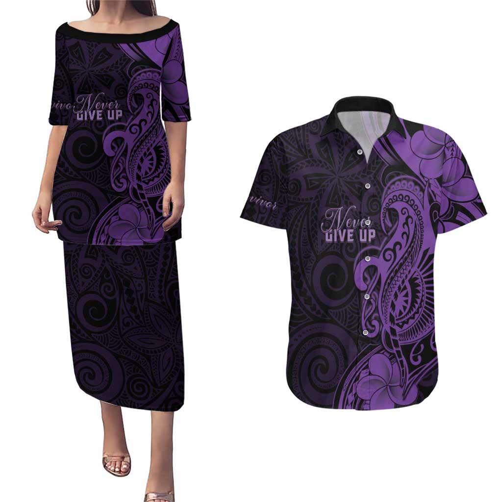 Personalised Lupus Warrior Couples Matching Puletasi and Hawaiian Shirt Never Give Up Polynesian Style LT05 Purple - Polynesian Pride