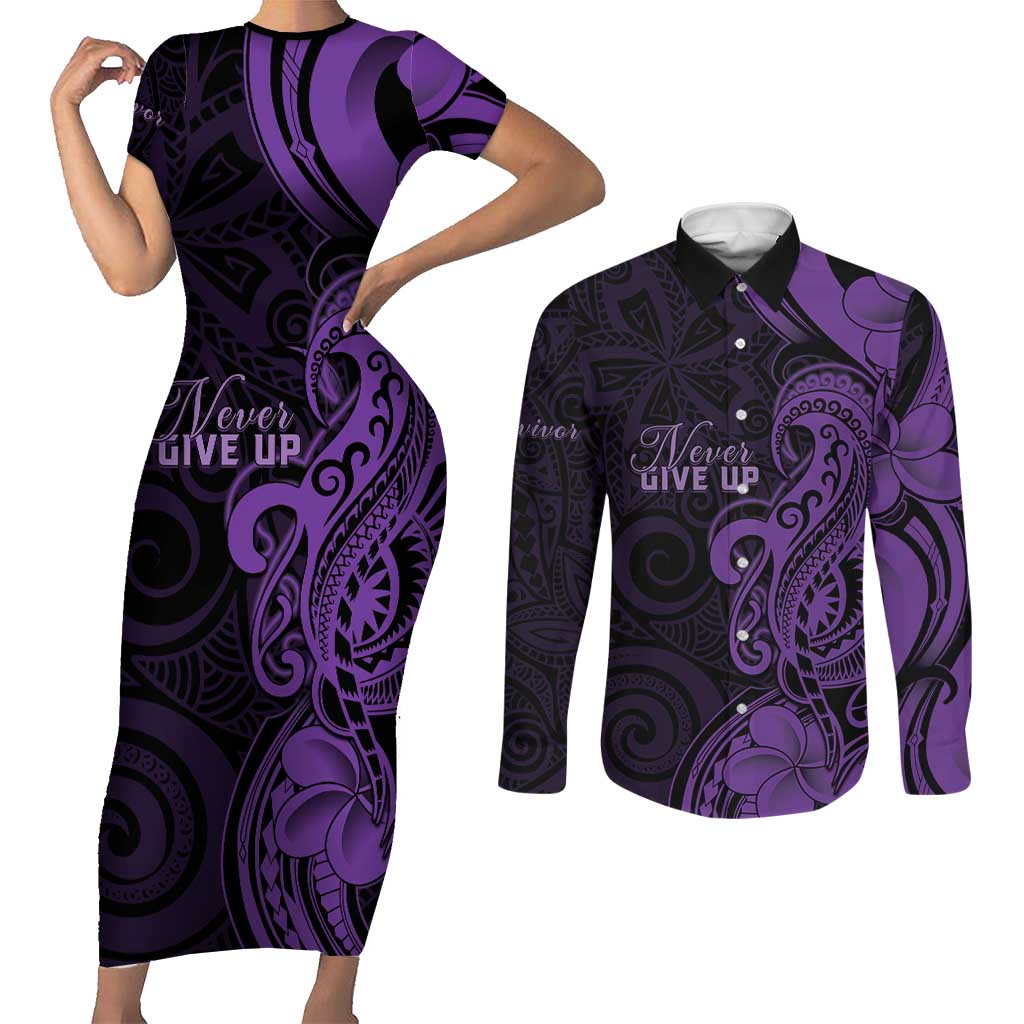 Personalised Lupus Warrior Couples Matching Short Sleeve Bodycon Dress and Long Sleeve Button Shirt Never Give Up Polynesian Style LT05 Purple - Polynesian Pride