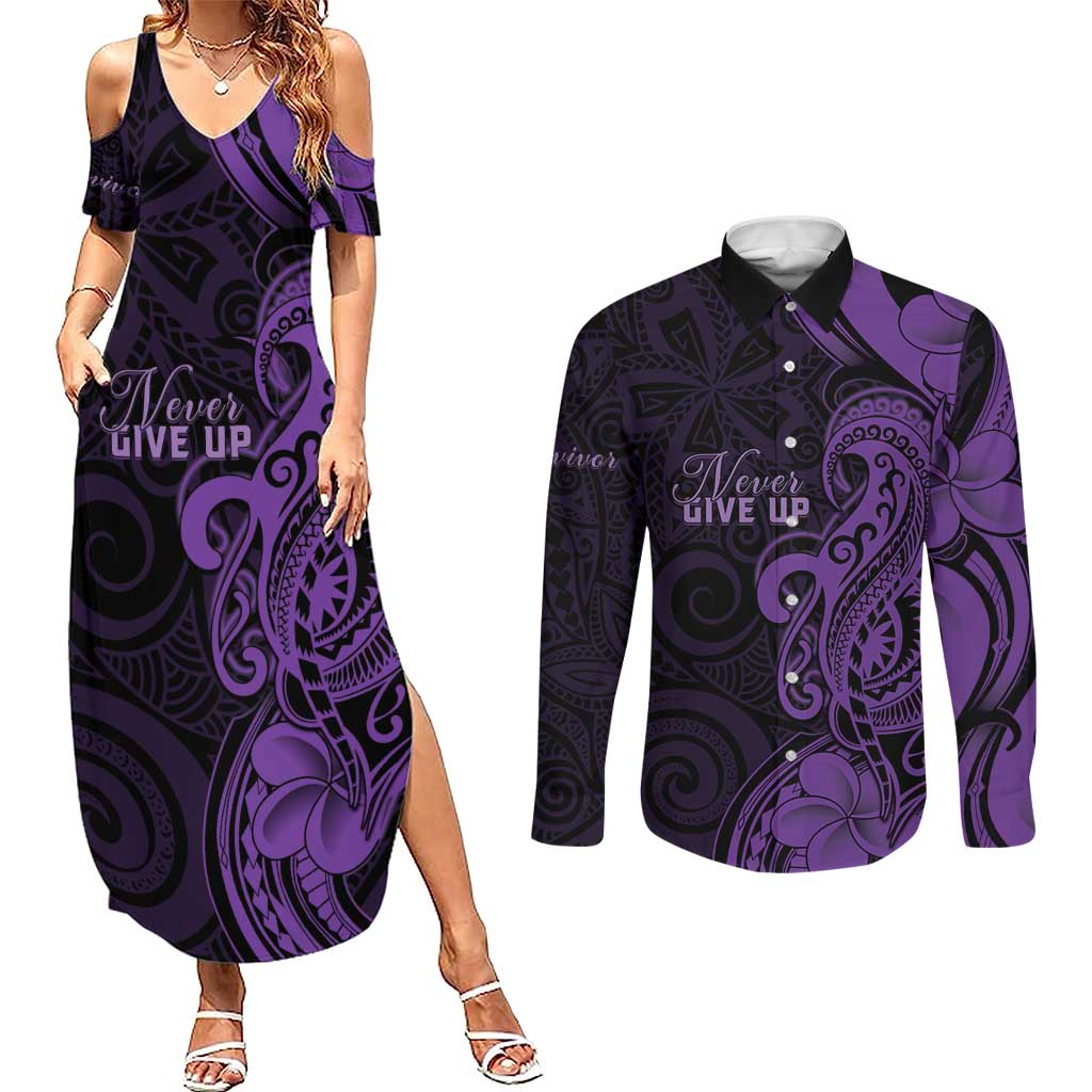 Personalised Lupus Warrior Couples Matching Summer Maxi Dress and Long Sleeve Button Shirt Never Give Up Polynesian Style LT05 Purple - Polynesian Pride
