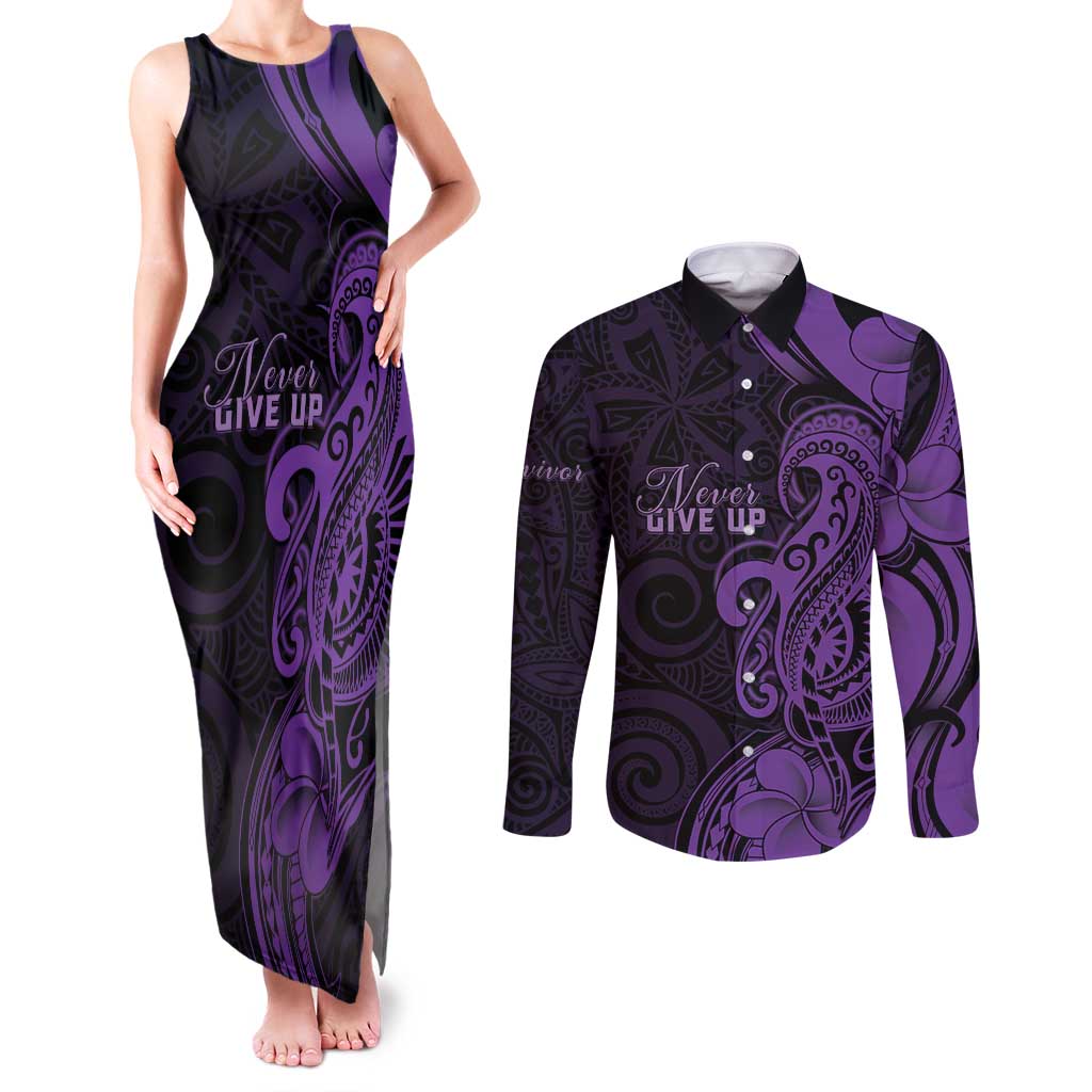 Personalised Lupus Warrior Couples Matching Tank Maxi Dress and Long Sleeve Button Shirt Never Give Up Polynesian Style LT05 Purple - Polynesian Pride