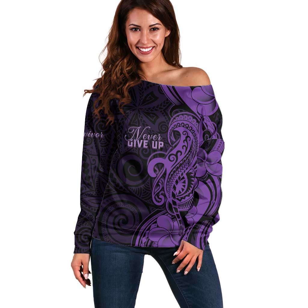 Personalised Lupus Warrior Off Shoulder Sweater Never Give Up Polynesian Style LT05 Women Purple - Polynesian Pride